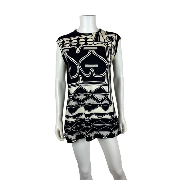Vintage Tops - Vintage 70s Abstract Tunic Womens M Black & White Psychedelic Patterned Sleevele